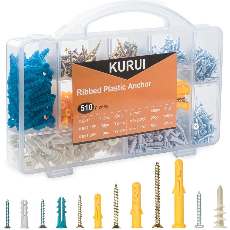 KURUI 510Pcs Wall Hanging Kit with Anchors and Screws, Picture Hanging Kit for Wall Decor Art, Frame, Canvas, Dry Wall Anchors Assortment Kit for Sheetrock Concrete Brick, 6 Sizes Picture Hangers - Image 1